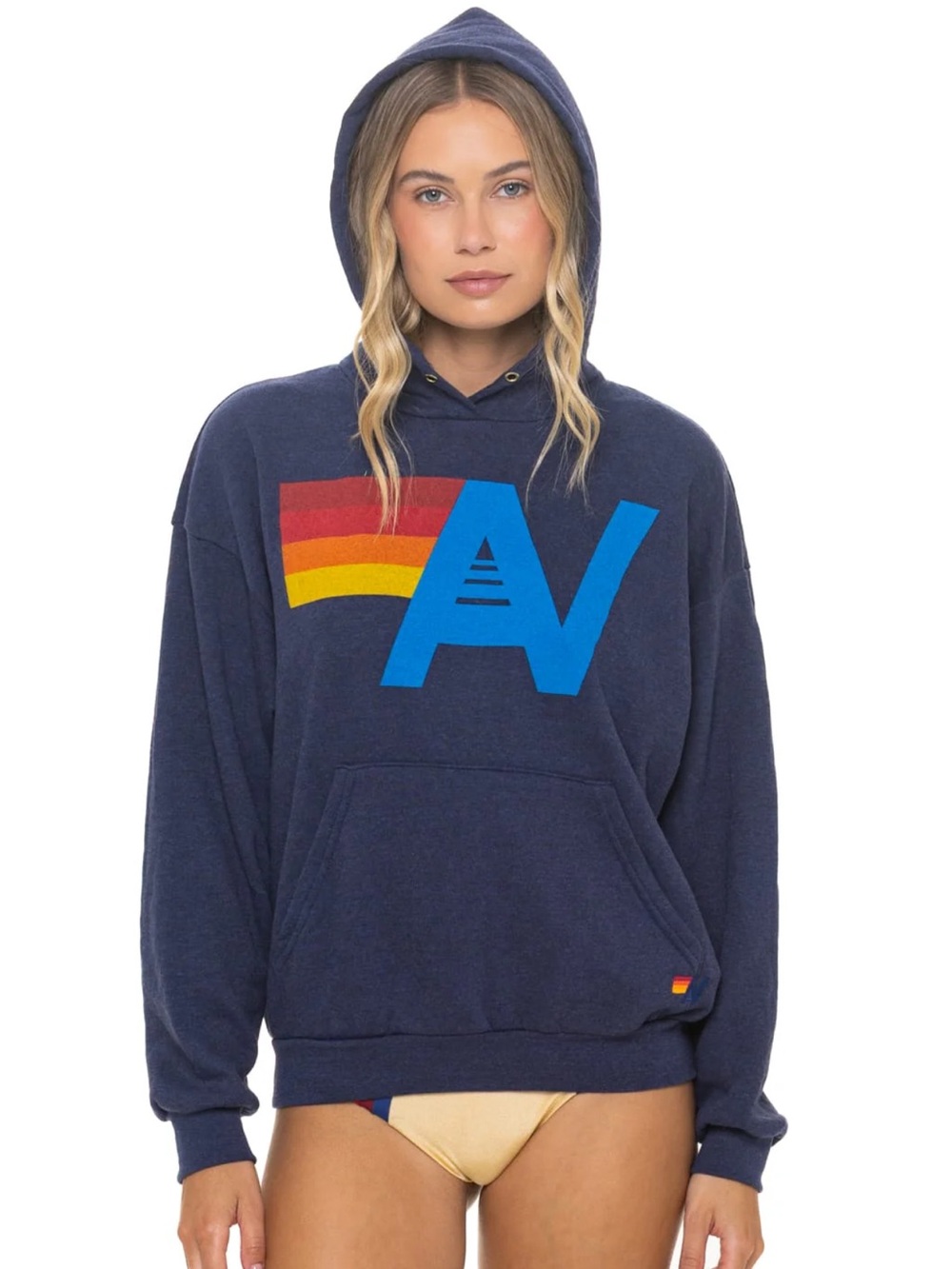 Aviator Nation Navy Hoodie with Blue 'A' and Red-Orange-Yellow Stripe